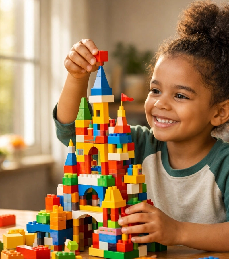 Smiling child playing with colorful blocks during ABA therapy